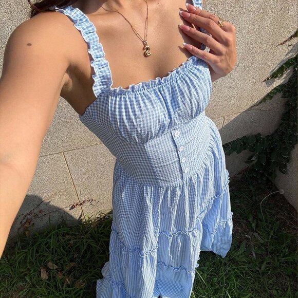 Blue And White Casual Women's Plaid Ruffle Trim Waist Strap Dress - Picture 7 of 7